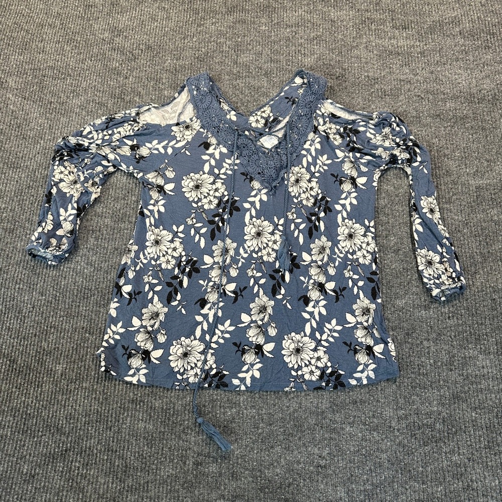 Time and Tru Cold Shoulder Floral Top Large Blue Crochet Lace Rayon Blend - Picture 1 of 7
